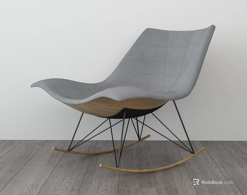 Modern Gray Fabric Rocking Leisure Chair With Wooden Base And Black Metal Legs 3d model 