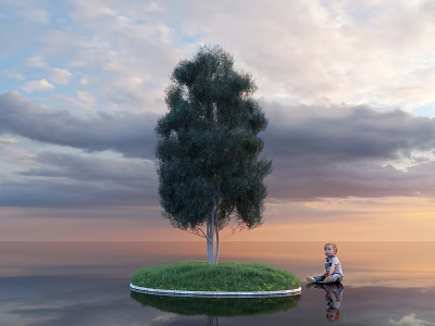 Tall Tree on Grassy Island with Child Nearby Under Cloudy Sunset Sky and Water Reflection 3d model
