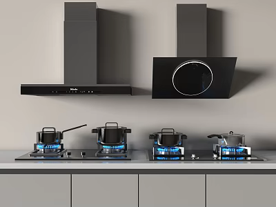Modern Kitchen Appliances Featuring Range Hoods And Gas Stoves With Cooking Pans 3d model