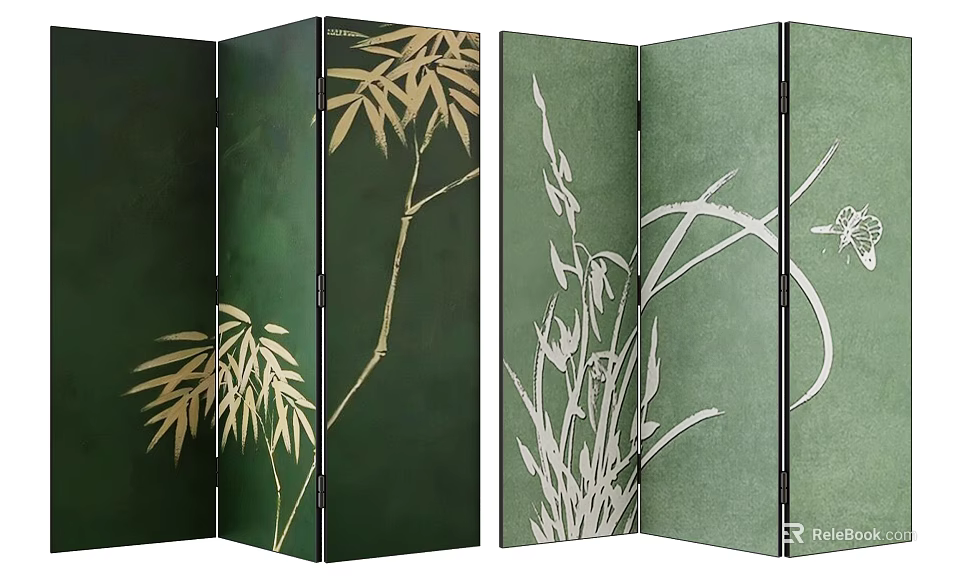 Traditional Folding Screens With Bamboo Grass And Dragonfly Patterns In Green Tones 3d model 