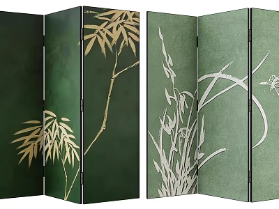 Traditional Folding Screens With Bamboo Grass And Dragonfly Patterns In Green Tones 3d model