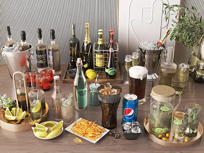 Assorted Cold Drinks Setup with Bottles Glasses Lemon Slices Ice and Pepsi Can on Tray 3d model