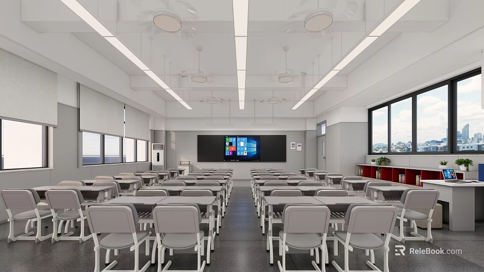 School Classroom Interior With Neatly Arranged Desks Large Screen Blackboard And Windows 3d model 