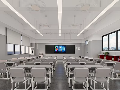 School Classroom Interior With Neatly Arranged Desks Large Screen Blackboard And Windows 3d model