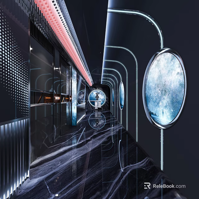 Futuristic KTV Corridor With Space Capsule Design Blue Lighting Circular Portholes And Marble Floor 3d model 