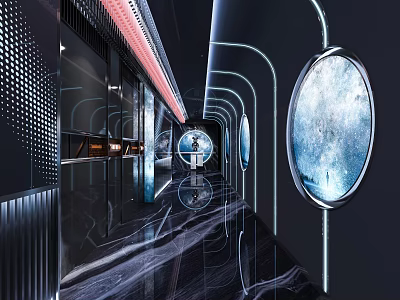 Futuristic KTV Corridor With Space Capsule Design Blue Lighting Circular Portholes And Marble Floor 3d model