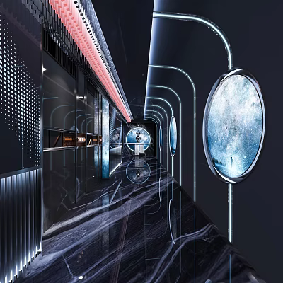 Futuristic KTV Corridor With Space Capsule Design Blue Lighting Circular Portholes And Marble Floor 3d model