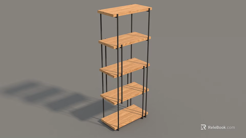 Modern Five Tier Display Shelf With Wooden Shelves And Black Metal Frame 3d model 