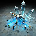 Intricate Mechanical Structure With Blue Glowing Elements Broken Stones And Scattered Metallic Parts