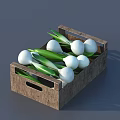 Fresh White Onions with Green Leaves Packed in Rustic Wooden Crate