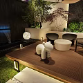 Modern Garden Landscape With Green Trees Outdoor Seating Evening Lighting Stone Pathway And Water Feature