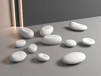 White Pebble Shaped Stones And Light Colored Cylindrical Wood On Gray Tabletop With Gray Background 3d model