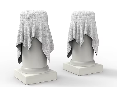 Two White Columns Covered With Gray Hanging Drapery And Square Base Design 3d model