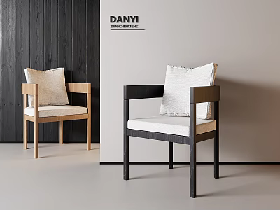 Modern Single Chair Design Featuring Wooden Black Frames Light Cushions Wood Panel Wall Interior 3d model