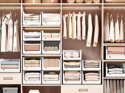 Organized Clothes Wardrobe With Hanging And Folded Garments In Neutral Tones 3d model