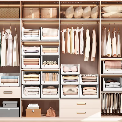Organized Clothes Wardrobe With Hanging And Folded Garments In Neutral Tones 3d model