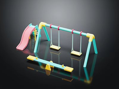 Colorful Children's Playground Equipment With Pink Slide Two Swings And Yellow Seesaw 3d model