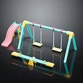 Colorful Children's Playground Equipment With Pink Slide Two Swings And Yellow Seesaw