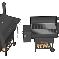 Black Outdoor Barbecue Grills With Grill Grates Rolling Wheels And Hanging Tools