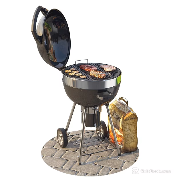 Outdoor Grill With Meat And Vegetables Cooking And Charcoal Bag Nearby 3d model 