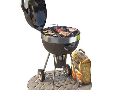 Outdoor Grill With Meat And Vegetables Cooking And Charcoal Bag Nearby 3d model