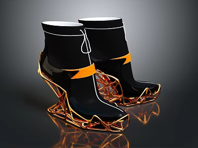 Black White Collar Boots with Gold Hollow Heel and Orange Decorative Stripes for Daily Living 3d model
