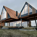 Modern Single Family House With Triangular Roof Large Glass Windows And Grassland Surroundings