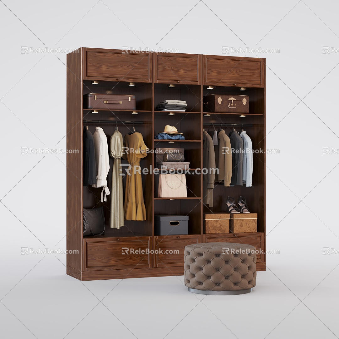 Solid Wood Wardrobe Hanging Clothes Light Luxury Leather Stool Gift Box Leather Box Redwood Furniture 3d model