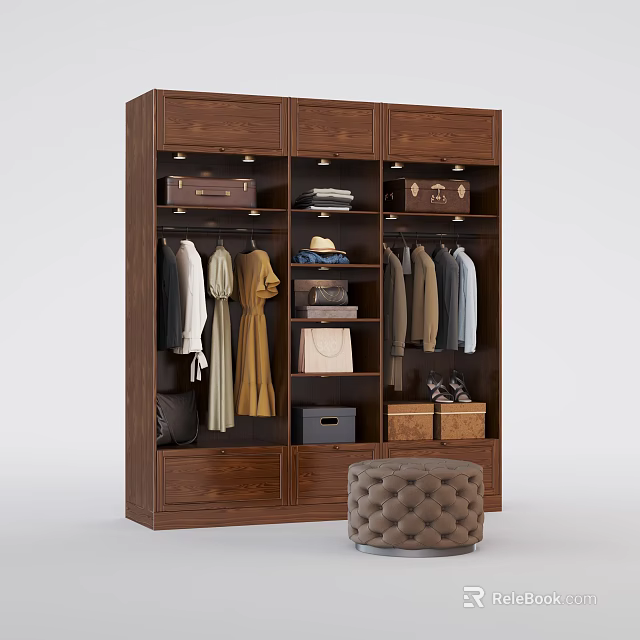 Dark Wooden Wardrobe Interior with Hanging Clothes Storage Boxes Bags Hats and Ottoman Stool 3d model 