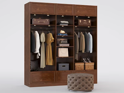 Dark Wooden Wardrobe Interior with Hanging Clothes Storage Boxes Bags Hats and Ottoman Stool 3d model
