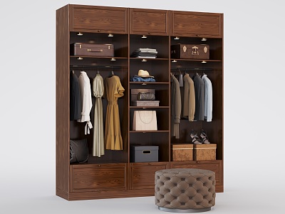 Solid Wood Wardrobe Hanging Clothes Light Luxury Leather Stool Gift Box Leather Box Redwood Furniture 3d model