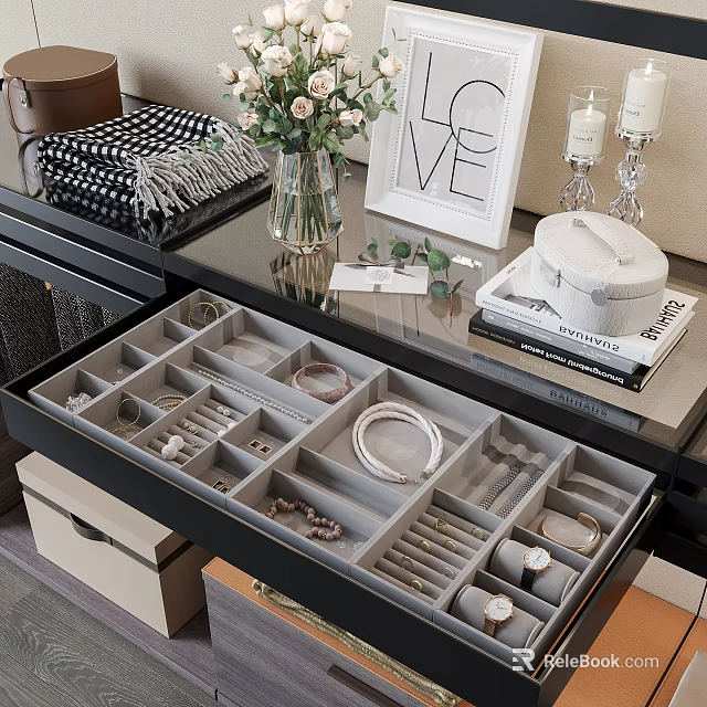 Organized Jewelry Drawer with Bracelets Necklaces Rings and Watches on Elegant Dresser Top 3d model 