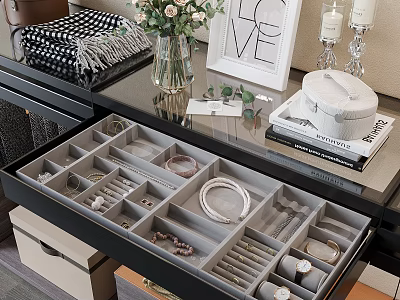 Organized Jewelry Drawer with Bracelets Necklaces Rings and Watches on Elegant Dresser Top 3d model