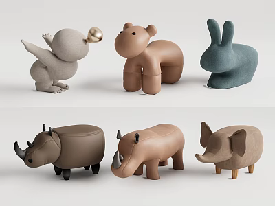 Cute Animal Shaped Stools with Bird Hippo Rabbit Rhino Elephant Designs for Kids 3d model