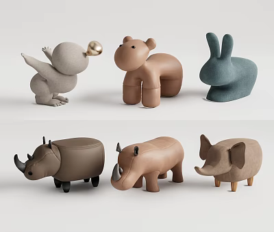 Cute Animal Shaped Stools with Bird Hippo Rabbit Rhino Elephant Designs for Kids 3d model