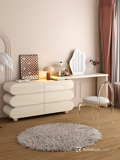 Elegant Cream Colored Dressing Table With Mirror Table Lamp Perfume Bottles And Side Chair 3d model 