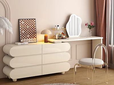 Elegant Cream Colored Dressing Table With Mirror Table Lamp Perfume Bottles And Side Chair 3d model