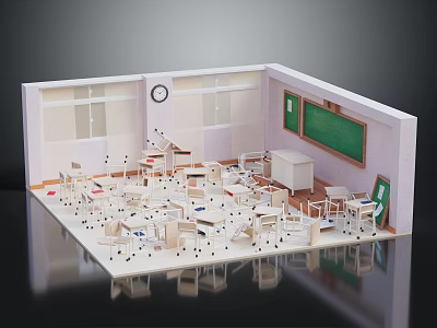 Detailed Arranged Classroom Interior With Desks Chairs Blackboard Clock And Windows 3d model