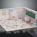 Detailed Arranged Classroom Interior With Desks Chairs Blackboard Clock And Windows