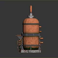 Vintage Industrial Miniature Setup Featuring Orange Container Metal Apparatus Pipes And Wooden Shelf
