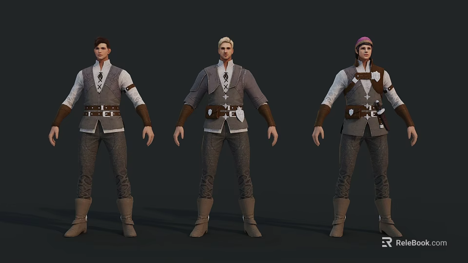 Three Game Movie Character Designs Featuring Vest Pants Boots And Unique Hairstyles 3d model 