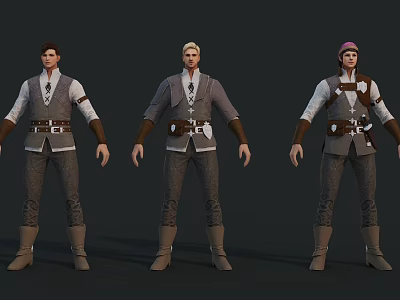 Three Game Movie Character Designs Featuring Vest Pants Boots And Unique Hairstyles 3d model