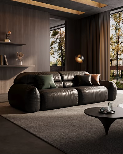 Modern Living Room Interior With Black Leather Sofa Colorful Pillows And Wooden Bookshelf 3d model