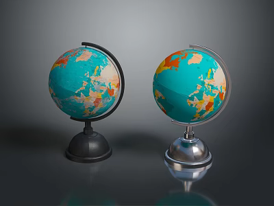 Two Globes With Black And Silver Bases Blue Ocean And Colored Continents On Gray Background 3d model