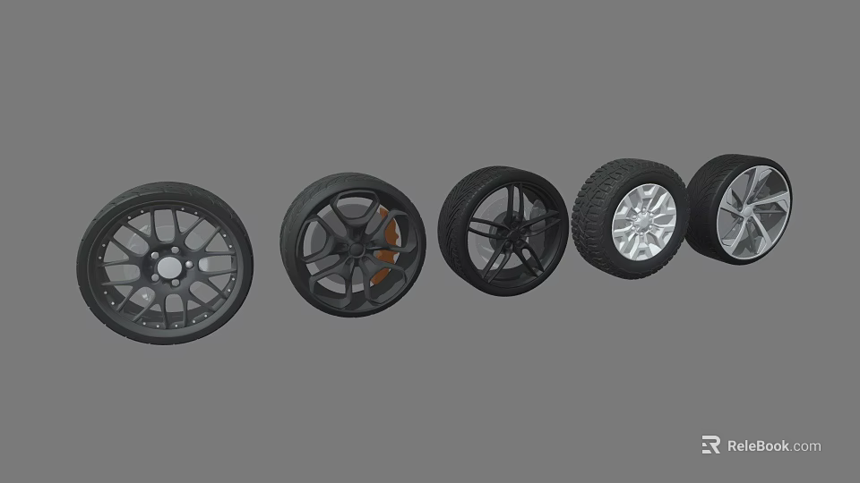 Different Car Tire Designs With Stylish Wheel Rims And Unique Tread Patterns 3d model 