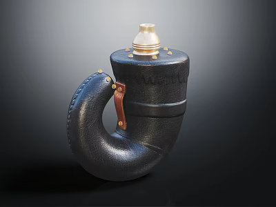 Stylish Black Metal Flask With Gold Lid And Curved Leather Handle For Daily Use 3d model