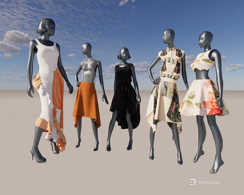 Fashion Mannequins Displaying Various Stylish Dresses Against Blue Sky With White Clouds 3d model 