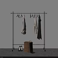 Metal Clothes Rack with Hanging Coats Jackets Basket High Heels Pants in Bright Minimalist Room