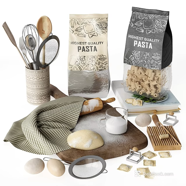 Quality Kitchen Utensils for Pasta Making with Dough Flour Eggs Rolling Pin and Cookie Cutters 3d model 