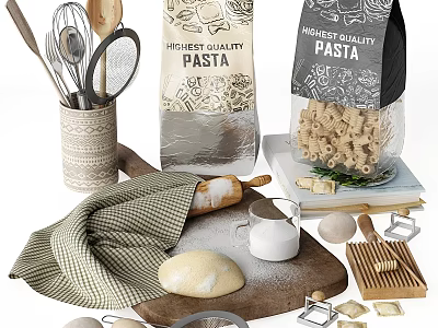 Quality Kitchen Utensils for Pasta Making with Dough Flour Eggs Rolling Pin and Cookie Cutters 3d model